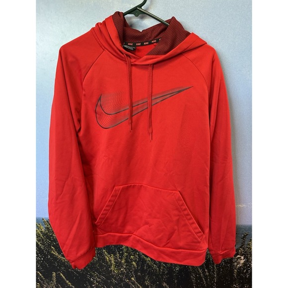 Nike Dri Fit Hoodie Mens Medium Red‎ Big Swoosh Logo Pullover Sweatshirt - Picture 1 of 6